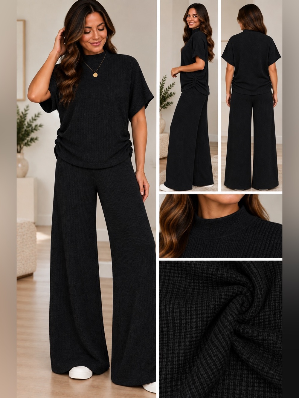 Zenana, Cozy Soft Waffle Knit Wide-Leg Pants Set . Black